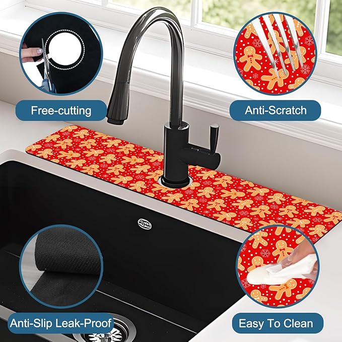 Christmas Merry Xmas Sink Splash Guard Santa Claus Faucet Absorbing Mat Fast Drying Mat Sink Gadgets Splash Guard Behind Faucet Drip Catcher for Kitchen Bathroom, 23.5"x5.5"
