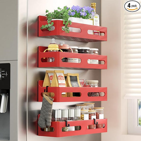 4 Pack Strong Magnetic Spice Rack for Refrigerator, Multipurpose Magnetic Shelf for Fridge with 4 Hooks for kitchen and Bathroom Organization, Red