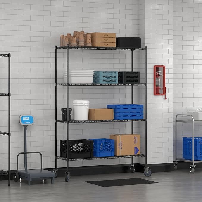 Commercial NSF Listed Black Epoxy Mobile Wire Shelving Kit 18" x 54" x 80", with 4 Shelves Perfect for Warehouse, Walk-in Refrigerator, Freezer, Grocery Store, Restaurant, Dishroom