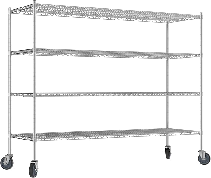 Commercial NSF Listed Chrome Mobile Wire Shelving Kit 24" x 72" x 60", with 4 Shelves Perfect for Warehouse, Walk-in Refrigerator, Freezer, Grocery Store, Restaurant, Dishroom