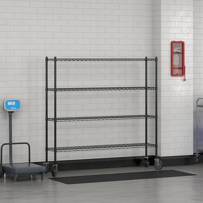 Commercial NSF Listed Black Epoxy Mobile Wire Shelving Kit 12" x 60" x 60", with 4 Shelves Perfect for Warehouse, Walk-in Refrigerator, Freezer, Grocery Store, Restaurant, Dishroom