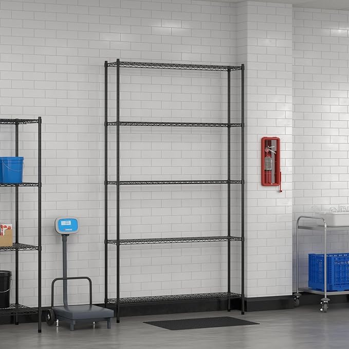 Commercial NSF Listed Black Epoxy Stationary Wire Shelving Kit 12" x 54" x 96", with 5 Shelves Perfect for Warehouse, Walk-in Refrigerator, Freezer, Grocery Store, Restaurant, Dishroom