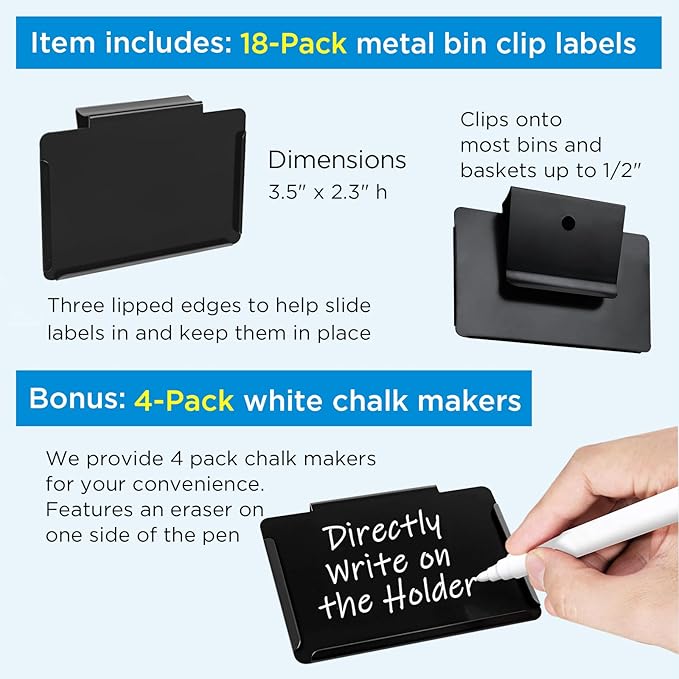trohestar Metal Pantry Baskets Labels Clip On for Storage Bins | Edge Fold-Cream (Edge Fold-Black, 18 Metal Label Clip)