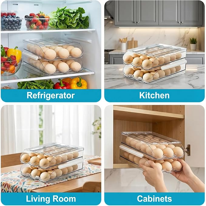 2 Tier Egg Holder for Refrigerator with Lid, Large Capacity Holds 36 Eggs in Clear Plastic Container Stackable Bin Organizer for Kitchen Storage, Refrigerator, Countertop