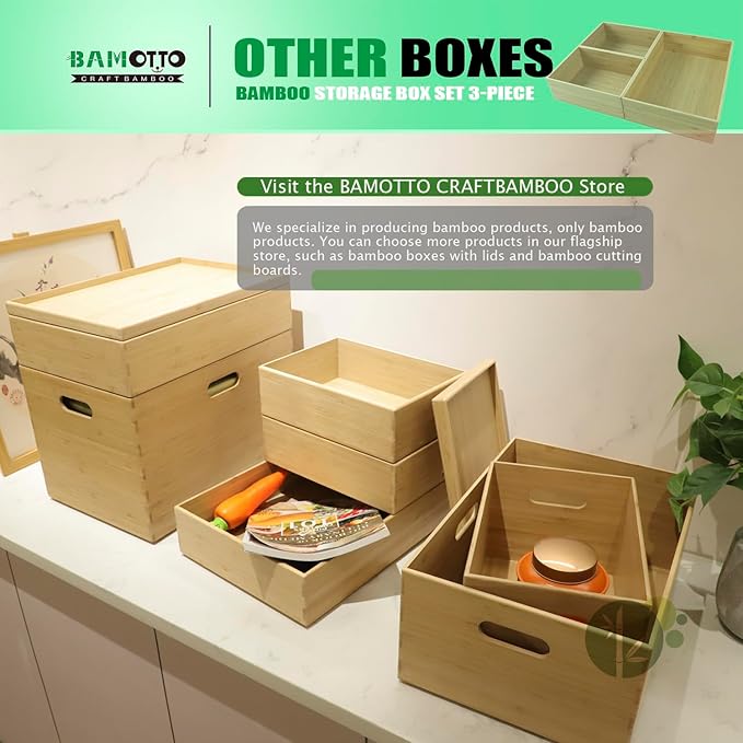 3-Piece Large Bamboo Storage Box Set, 3.1 in High Stackable Deep-Drawer Organizer for Kitchen Cutlery, Cookware, Utensils & Knives, Exquisite Durable Lidless Wooden Bin (14.6"x10.2"*1+10.2"x7.3"*2)