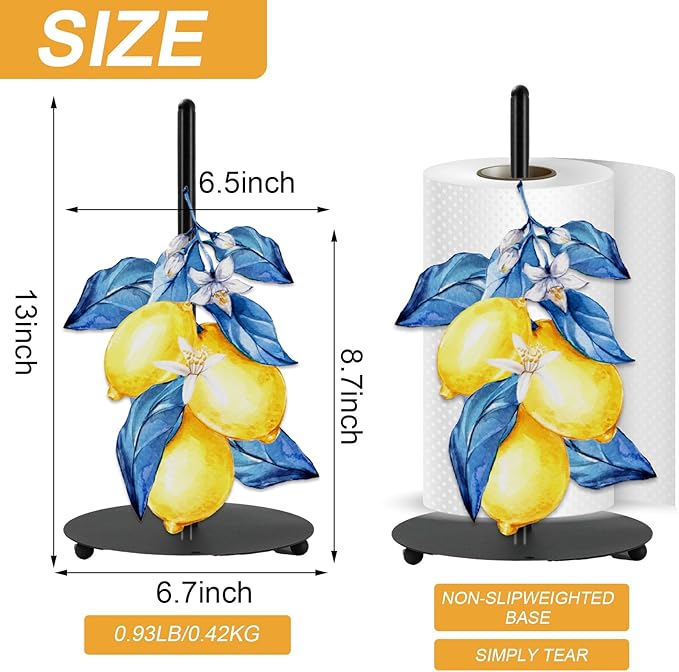 JarThenaAMCS Lemon Paper Towel Holder Yellow Lemon Blue Leaves Kitchen Decor Accessories Large Metal Towel Holder Stand for Summer Home Party Bathroom Countertop