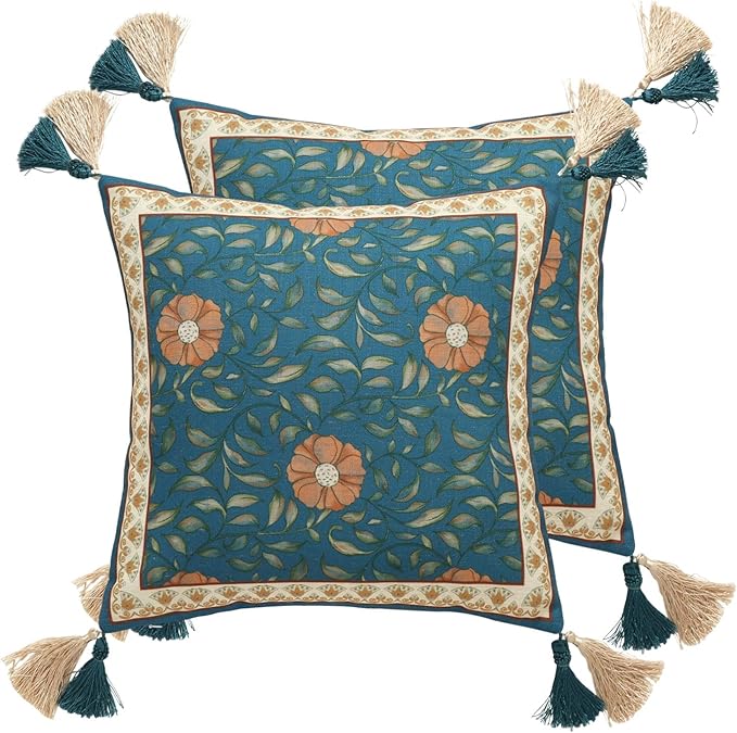 patdrea Designer Square Throw Pillow Covers Set of 2,French Floral Blue Farmhouse Linen Vine Branch Pattern Pillow Cover,Decorative Pillowcases Cushion for Bed Living Room Outdoor Car,18"x18"