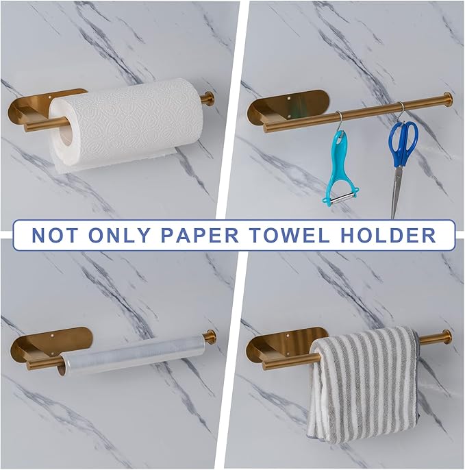 Paper Towel Holder, Upgrade SUS304 Stainless Steel Paper Towel Holder Under Cabinet, Bend-Resistant, Self-Adhesive or Drill mounting (Gold)