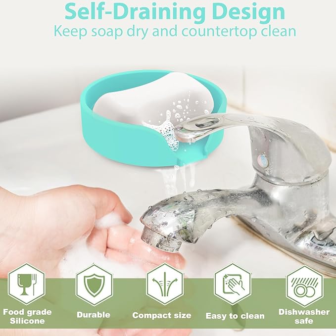 Self Draining Soap Dish, Silicone Soap Holder with Suction Cup and Drain Spout, Kitchen Bathroom Sink Organizer, Dish Soap Bar Tray Savers Sponge Holder, Perfect for Dispenser, Scrubber, Bottle, Cup