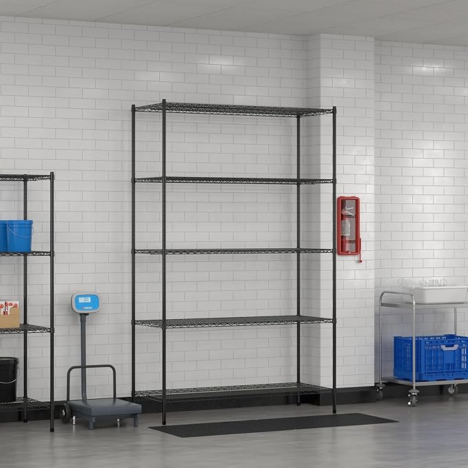 Commercial NSF Listed Black Epoxy Stationary Wire Shelving Kit 24" x 60" x 96", with 5 Shelves Perfect for Warehouse, Walk-in Refrigerator, Freezer, Grocery Store, Restaurant, Dishroom