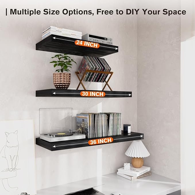 JPND Floating Shelf, Set of 3 Wall Shelf, 36 in W x 12.75 in D x 2 in H Wooden Floating Wall Shelf with Invisible Brackets for Living Room/Bedroom/Bathroom/Kitchen Storage and Decor, Black Wood