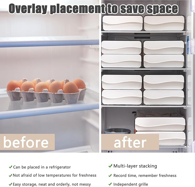 60 Egg Drawer Organizer for Refrigerator,2 Layers Transparent Egg Holder Tray for Fridge Stackable Eggs Storage Tray with Timescale