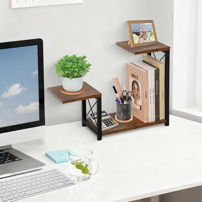 Desk Shelf Organizer, 3 Tier Storage Shelf Riser Display Stand, Wood Desktop Organizer Small Bookshelf, Desktop Shelf for Office Decor and Desk Accessories,Rustic Brown Black