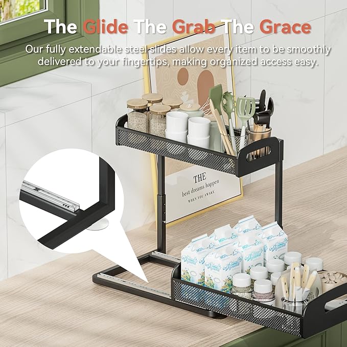 YASONIC 2 Pack Under Sink Organizer, 2 Tier Height Adjustable Kitchen Cabinet Organizer, Pull Out Metal Cabinet Shelf Organizer, Under the Sink Organizers and Storage for Kitchen & Bathroom, Black