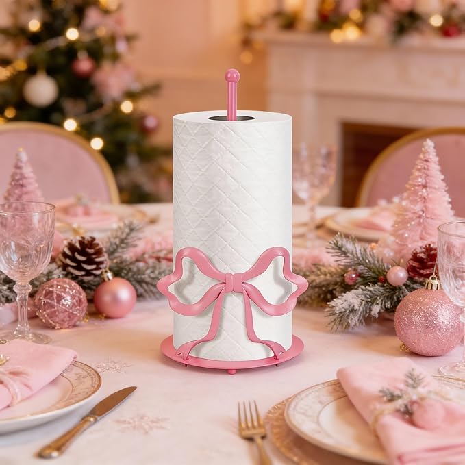Pink Bow Paper Towel Holder, Cute Paper Towel Roll Holder, 3D Printed Standing Paper Towel Holder for Kitchen Countertops Bathroom with Weighted Base, Kitchen Decor Accessories Gift (Round/Pink Bow)