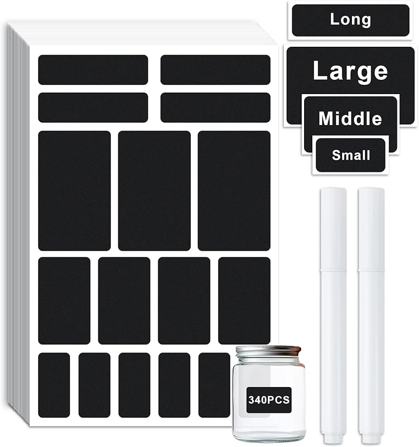 GAUENEEN 340 Pcs Removable Chalkboard Labels, 4 Sizes, Erasable Reusable Labels for Storage Bins, Pantry Label Stickers for Containers, 2 Liquid Chalk Pens Included