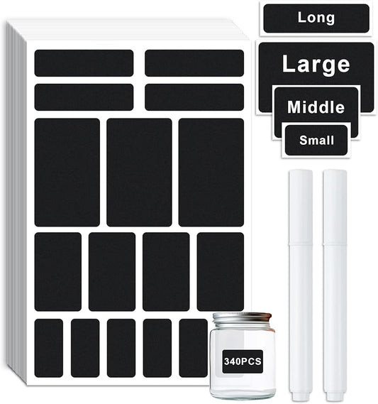 GAUENEEN 340 Pcs Removable Chalkboard Labels, 4 Sizes, Erasable Reusable Labels for Storage Bins, Pantry Label Stickers for Containers, 2 Liquid Chalk Pens Included