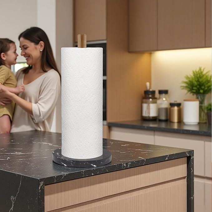 Buruis Wood Paper Towel Holder, Marble Base Modern Decorative Countertop Standing Rolls Holder for Kitchen, Toilet, Pantry and Bathroom (Marble Base Black)