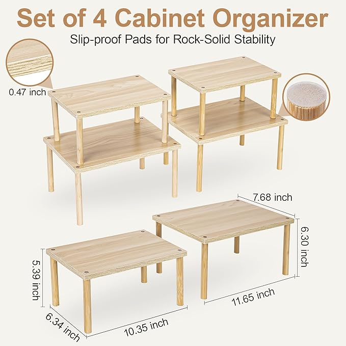 Wood Cabinet Organizer Shelf, Set of 4 Kitchen Counter Shelves, Stackable Plate Organizer for Cabinet, Pantry Cupboard Dish Mug Cup Storage Shelf