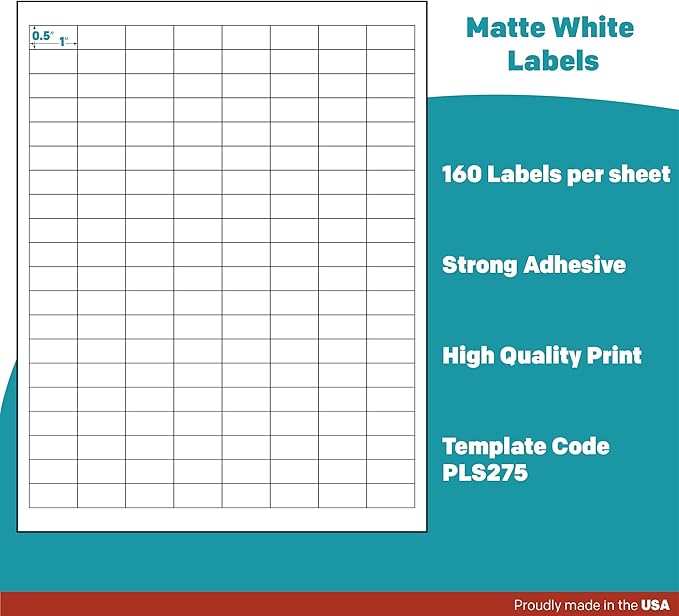 Premium Label Supply White Sticker Barcode Labels – 1" x 0.5" – Laser/Inkjet Compatible – (160 per Sheet), 100 Sheets – 16,000 Total Adhesive Labels