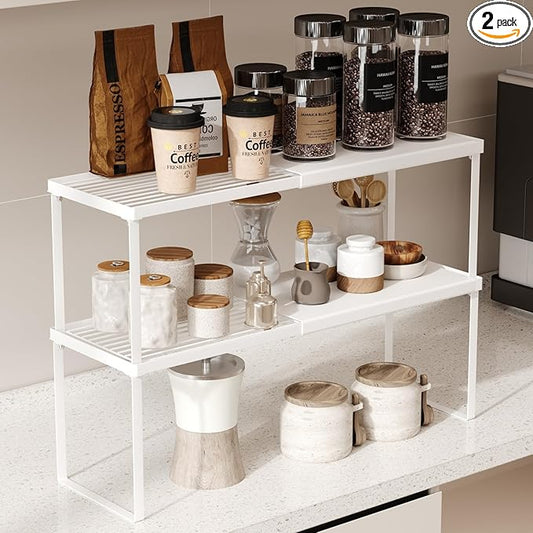 Expandable Cabinet Shelf Organizer, 2 Pack Stackable Kitchen Counter Shelf Riser, Metal Spice Rack Adjustable Heavy Duty Countertop Organizer Storage for Kitchen, Pantry, Cupboard, Rv (White)