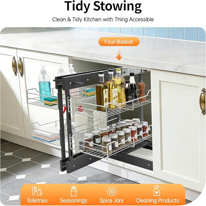 Blind Corner Pull Out Organizer, 2-Tier Pull Basket Corners Cabinet with 4 Storage Baskets, Pull-Out Basket Blind Corner Cabinet Storage Shelf for Home Kitchen