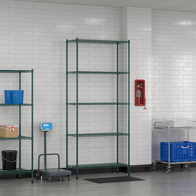 Commercial NSF Listed Green Epoxy Stationary Wire Shelving Kit 18" x 42" x 96", with 5 Shelves Perfect for Warehouse, Walk-in Refrigerator, Freezer, Grocery Store, Restaurant, Dishroom
