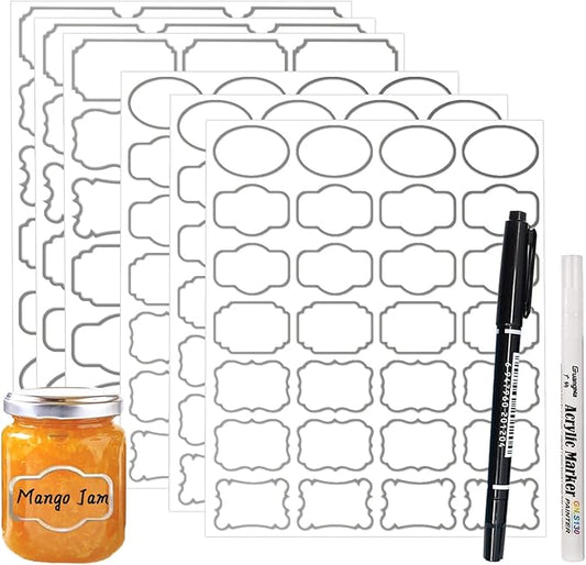 Removable Clear Labels for Jars, Transparent Label Stickers with Silver Border,Waterproof Write-On Kitchen Labels with Markers for Food Container,Storage Bin,Spice Jar,Home Organization,138Pcs