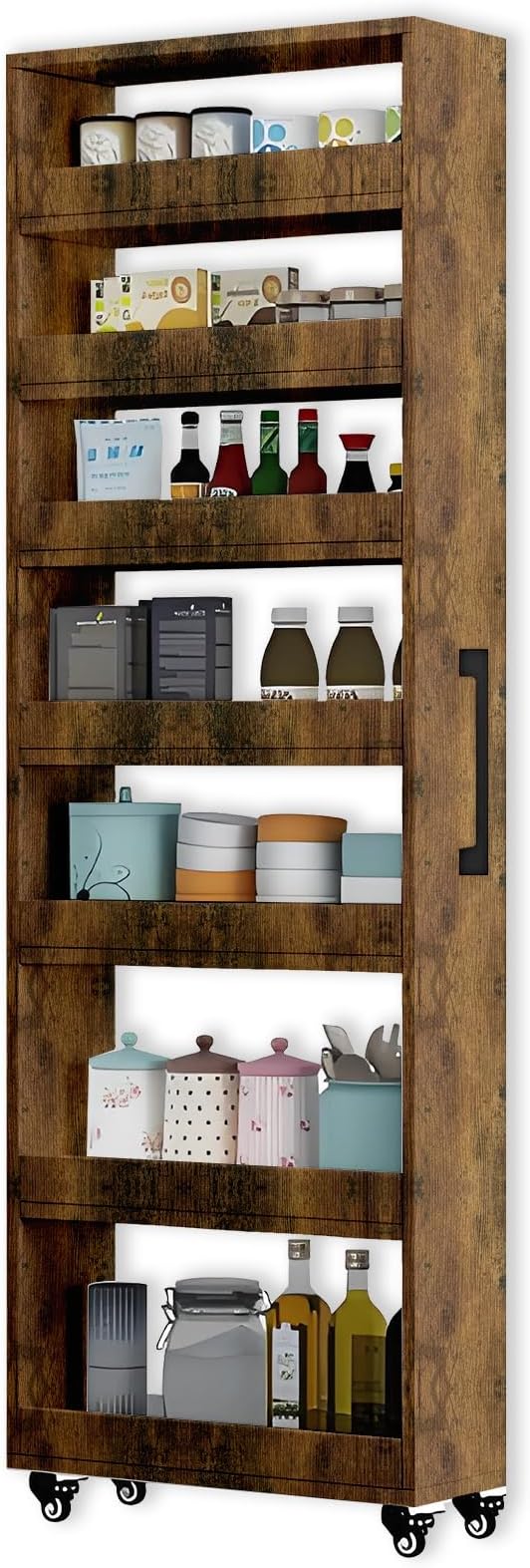 7-Tier Slim Rolling Storage Cart, Wooden Narrow Pantry Cabinet with Wheels, Tall Space-Saving Shelf Organizer for Kitchen, Laundry, Bathroom (Flamed Wood Color, 73.2" H*9.8" W*19.6" D)