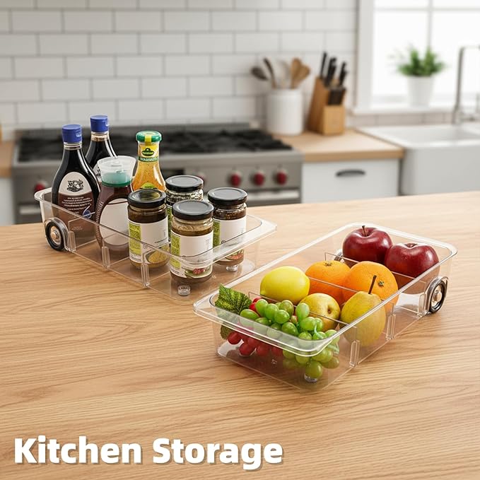 YIMITEE 2 Pack Refrigerator Organizer Bin with Wheels, Roll Out Pantry Storage with Dividers, Clear Plastic Refrigerator Drawer, Upgrade Thick Fridge Caddy for Under Sink, Kitchen Organization