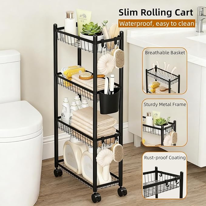 Slim Storage Cart with Wheels, 4 Tier Narrow Rolling Utility Carts, Skinny Metal Bathroom Organizer, Thin Mobile Shelf Unit for Bathroom Kitchen Laundry Room Office Small Spaces, Black
