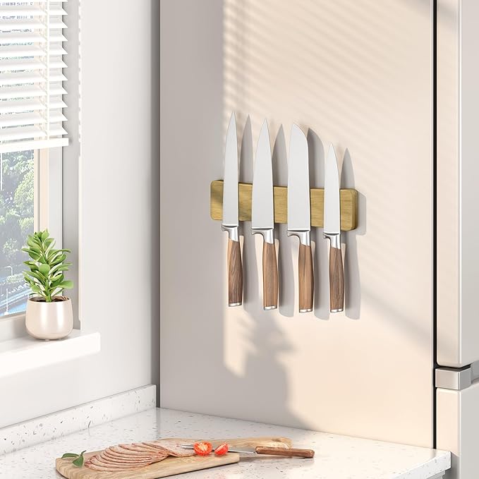Magnetic Knife Holder for Wall, 10" Acacia Wood No Drill Knife Magnet Strip Use as Tool Key Storage Knife Bar, Powerful Wall Mounted Magnetic Knife Rack for Refrigerator & Kitchen Utensil Organizer