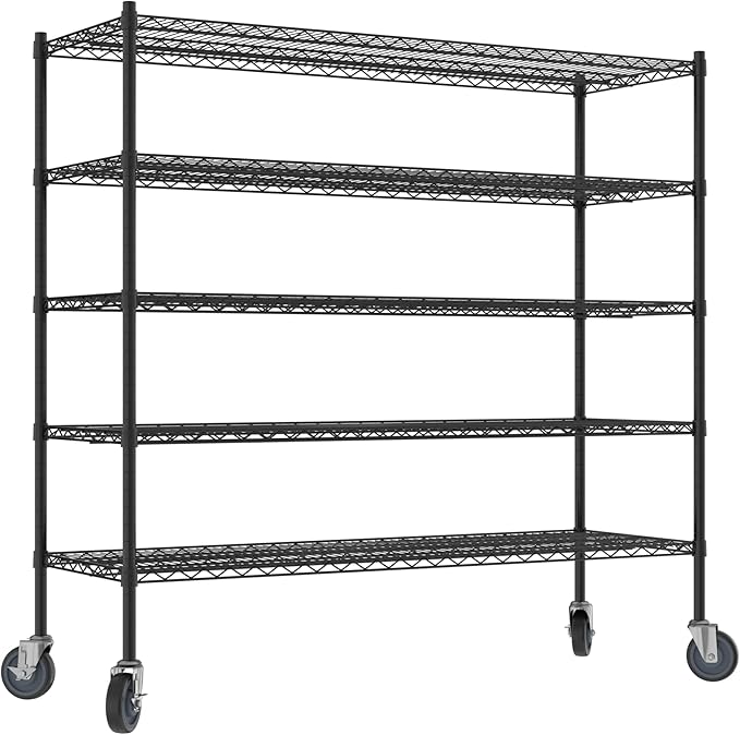 Commercial NSF Listed Black Epoxy Mobile Wire Shelving Kit 21" x 60" x 60", with 5 Shelves Perfect for Warehouse, Walk-in Refrigerator, Freezer, Grocery Store, Restaurant, Dishroom