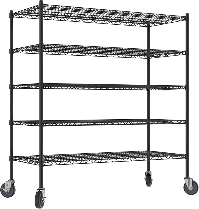 Commercial NSF Listed Black Epoxy Mobile Wire Shelving Kit 24" x 54" x 60", with 5 Shelves Perfect for Warehouse, Walk-in Refrigerator, Freezer, Grocery Store, Restaurant, Dishroom