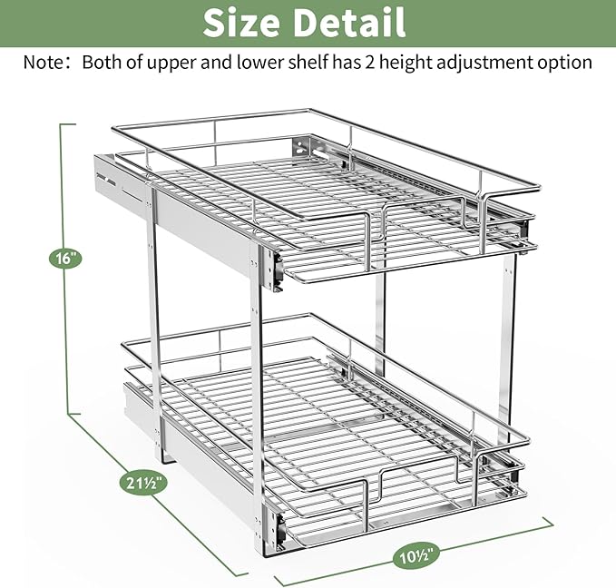 ROOMTEC Pull Out Cabinet Organizer (10½"W x 21½"D),2 Tier Pull Out Storage Shelf Drawer Basket,Sliding Shelves for Base Cabinet Organization in Kitchen, Bathroom, Pantry