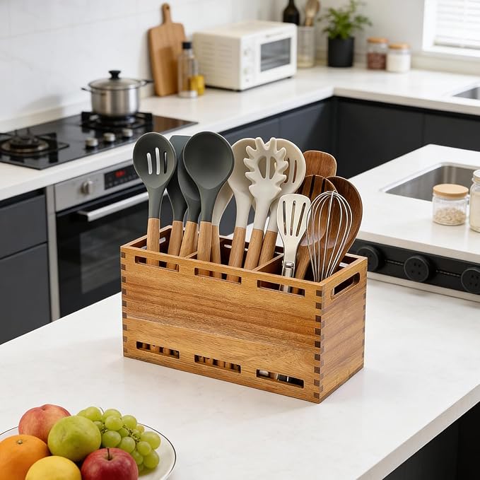 Extra Large Acacia Wood Utensil Holder for Kitchen Counter Decor Rustic Wooden Spatula Holders Cooking Utensils Organizer Countertop Silverware Caddy Spoon Kitchen Tool Holder Farmhouse Utensil Crock