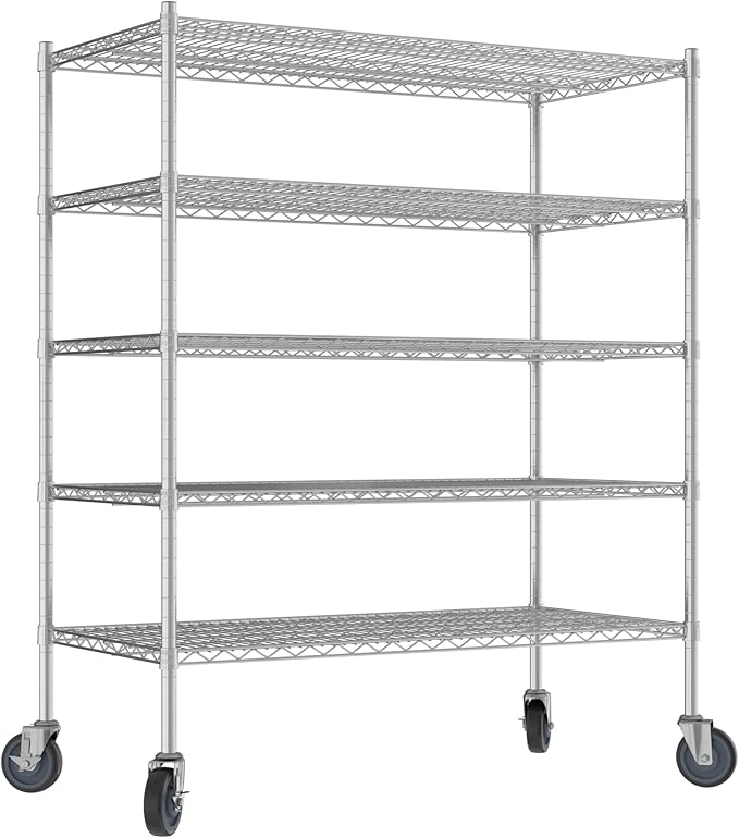 Commercial NSF Listed Chrome Mobile Wire Shelving Kit 24" x 48" x 60", with 5 Shelves Perfect for Warehouse, Walk-in Refrigerator, Freezer, Grocery Store, Restaurant, Dishroom