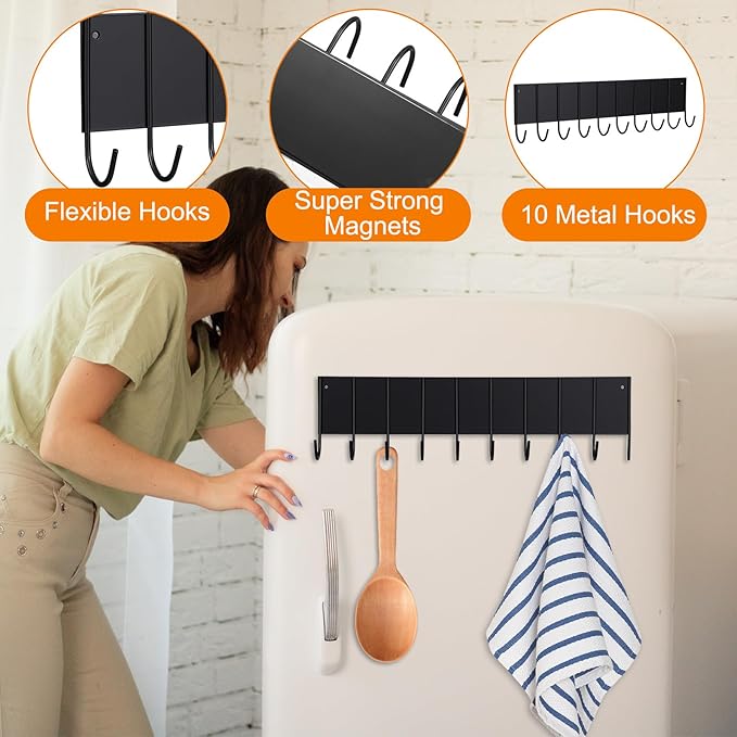 4 Pcs Magnetic Key Holder For Fridge With 10 Hooks, Magnetic Utensil Holder For Wall, Strong Magnet Keys Hanger Hooks Organizer, Magnent Key Rack For Kitchen Metal Door Garage Grill Tools Towel Purse
