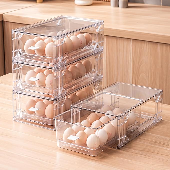 Home Egg Container for Refrigerator Stackable Egg Holder with Lid and Handle,36 Egg Tray，Clear Plastic Egg Storage Organizer for Kitchen, Pantry, Fridge, Space Saving, Pack of 2