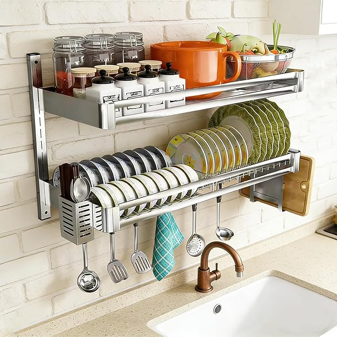 2Tier Wall Mounted Dish Drying Rack, Stainless Steel Hanging Dish Drainer with Drain Tray, Large Capacity Kitchen Storage Shelf with Utensil Cutlery Holder, for Plates Bowls & Mugs (23.6x11.8x19.7in)