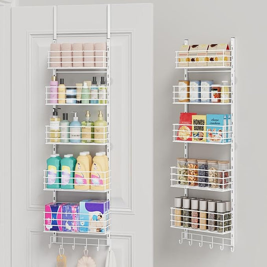 SWTYMIKI Over The Door Organizer - Door Organizer Hanging with 5 Adjustable Metal Large Capacity Basket and 6 Coat Hook, Wall Mounted Shelf for Bedroom Closet Bathroom Laundry Pantry Cabinet Kitchen