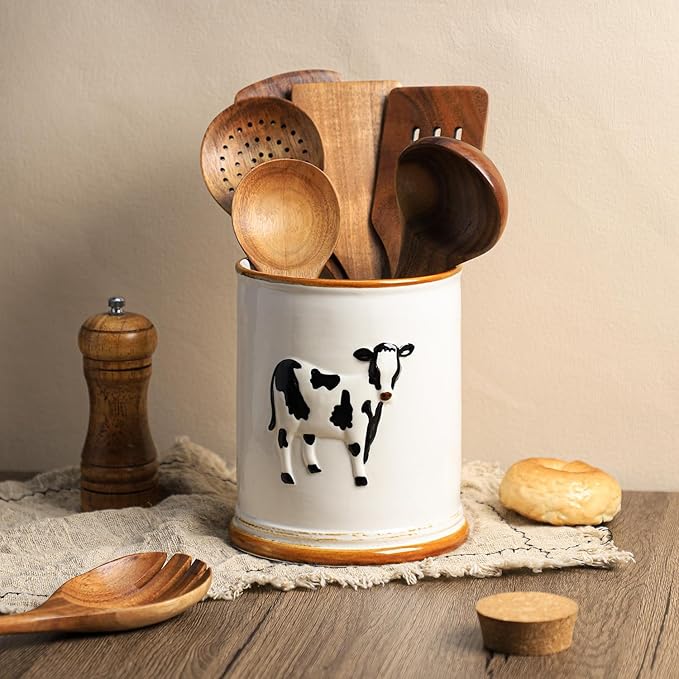 SOCOSY Ceramic Retro Cow Embossed Kitchen Utensil Holder For Countertop Large Cooking Utensil Crock Holder Spatula Holder