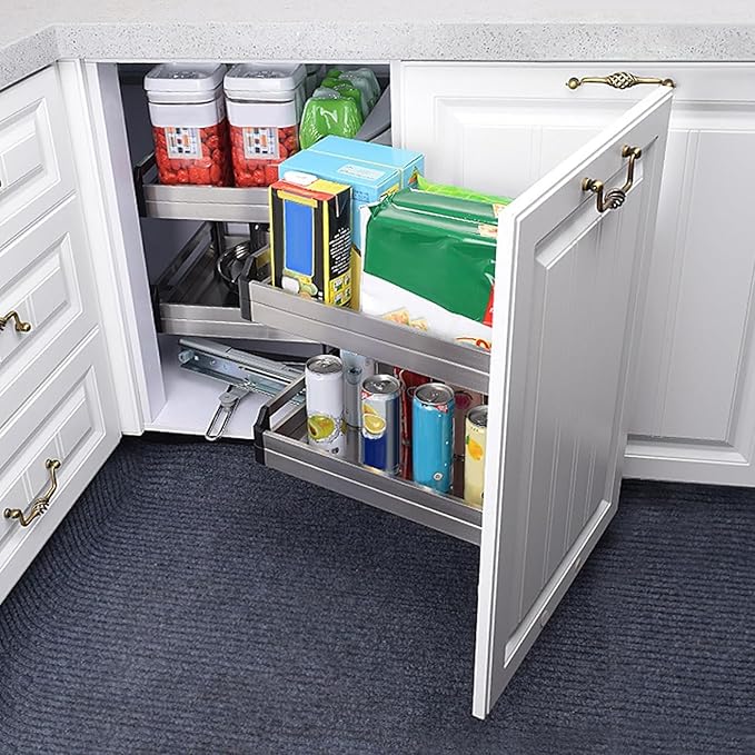 4-Shelf Corner Cabinet Pull Out Organizer, 2 Tier Slide Out Kitchen Cabinet Organizer Blind Corner Cabinet Storage Shelf Chrome for Right Handed Open Kitchen Cabinet