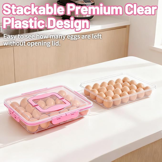 RoskDeewat Deviled Egg Containers with Lid, 2 Pack Thick Clear Plastic Deviled Carrier with Handle Storage 48 Eggs, Stackable Egg Holder Portable Tray Platter for Fridge, Travel, Party-Pink