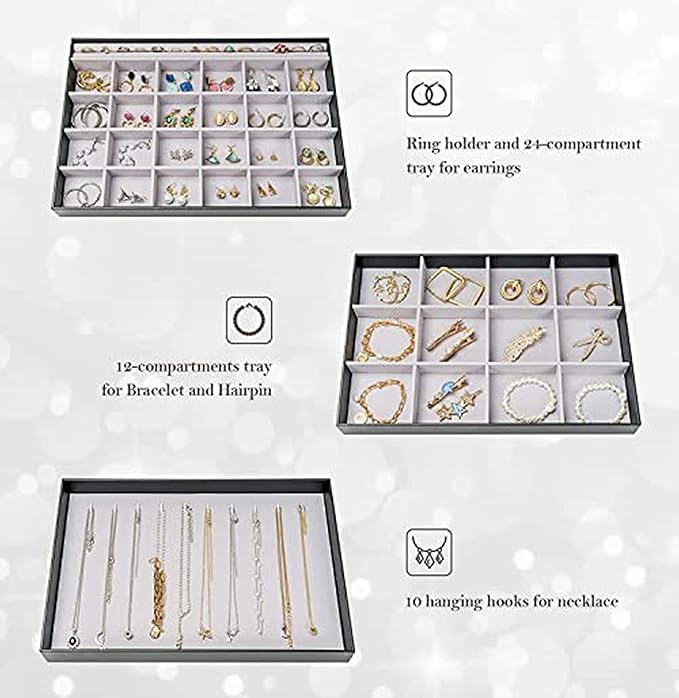 ProCase Stackable Large Jewelry Drawer Organizer, 3 Pack Velvet Jewelry Organizer Tray with Removable Dividers for Earring Necklace Bracelet -Black