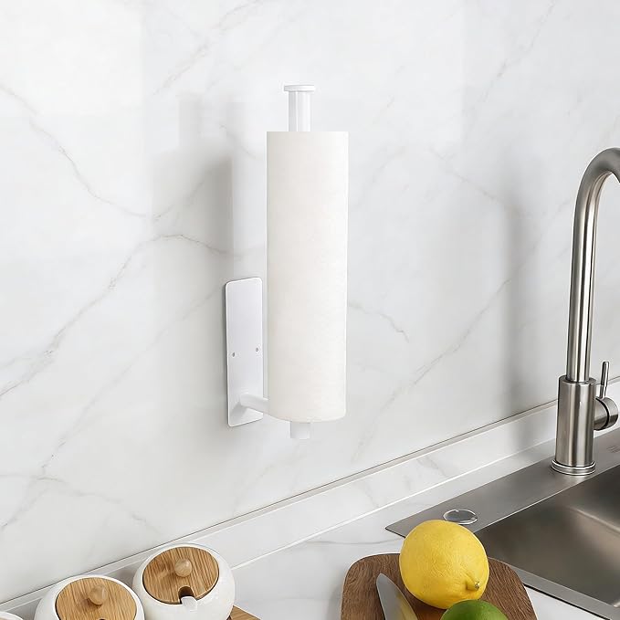 White Paper Towel Holder, Self Adhesive Paper Towel Roll Holder Under Cabinet, Stainless Steel Wall Mount Towel Paper Holder for Kitchen, Bathroom, RV