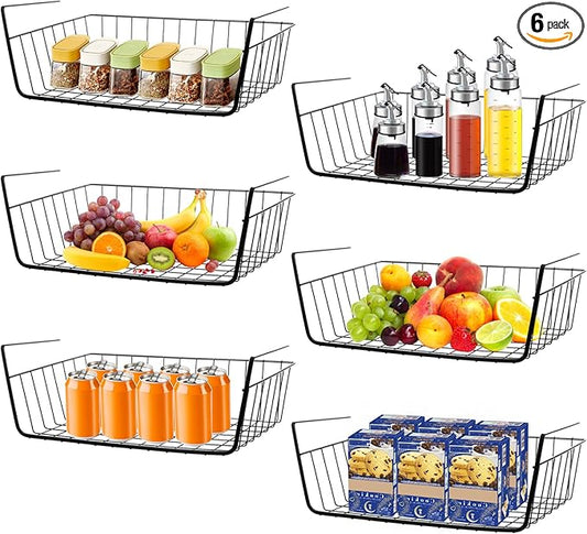 6 Pcs Undershelf Storage Basket Under Shelf Wire Basket Household Metal Under Shelf Hanging Storage Bin Basket Slides Under Shelves for Kitchen Pantry Bookshelf - 14.2" D x 9.1" W x 5.5" H, Black