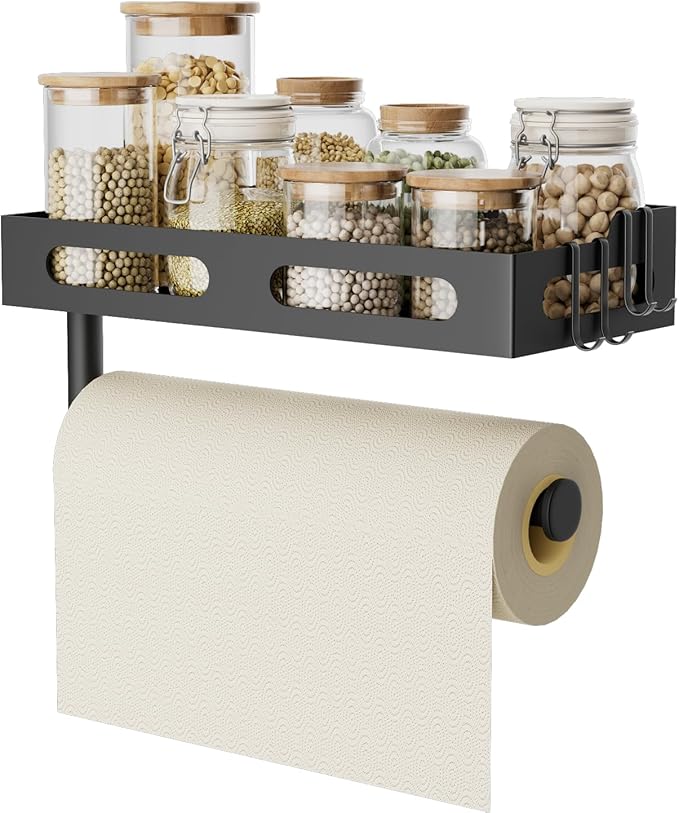 Paper Towel Holder Wall Mount for Kitchen, One-Handed Tear, Bathroom Paper Towel Holder with Shelf, RV Paper Towel Rack Wall Mount Paper Roll Holder with 4 Hooks, Drill Mount/Matte Black