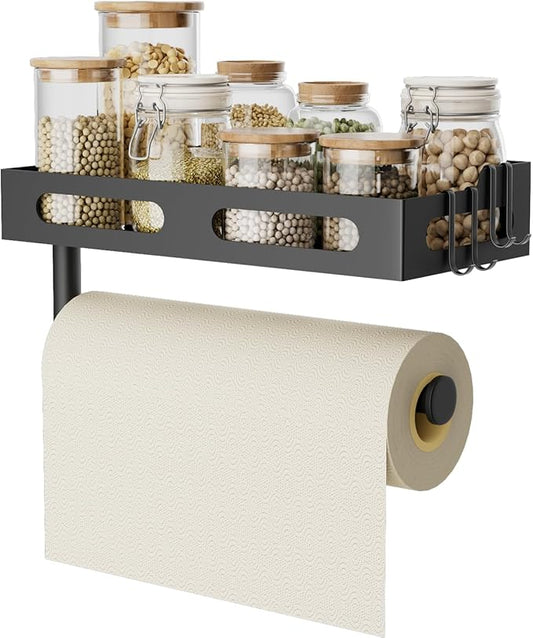 Paper Towel Holder Wall Mount for Kitchen, One-Handed Tear, Bathroom Paper Towel Holder with Shelf, RV Paper Towel Rack Wall Mount Paper Roll Holder with 4 Hooks, Drill Mount/Matte Black