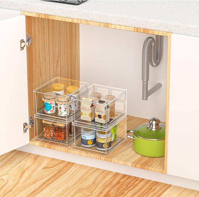 6 Pack Stackable Plastic Makeup Organizer Drawers, Acrylic Organizers, Clear Storage Bins with Pull-Out Handles for Vanity, Kitchen Cabinets, Pantry